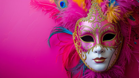 carnival mask placed on a bold fuchsia background generative aiの素材