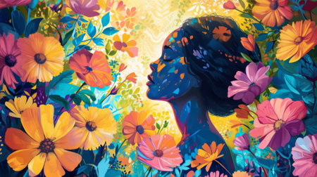 Illustration of a woman among flowers, reflecting a change in her life generative aiの素材