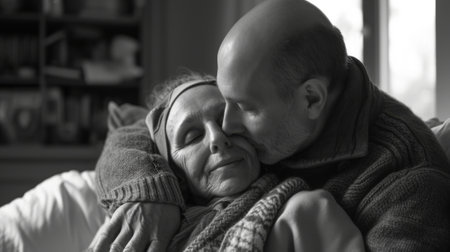 husband supporting his wife in the tough battle against cancer generative aiの素材