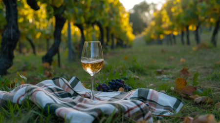 Wine glass on a vineyard picnic blanket, generative aiの素材
