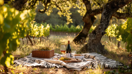 Wine glass on a vineyard picnic blanket, generative aiの素材
