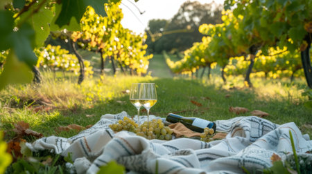 Wine glass on a vineyard picnic blanket, generative aiの素材