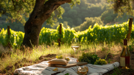 Wine glass on a vineyard picnic blanket, generative aiの素材