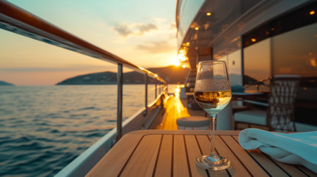 Wine glass on a yacht deck during a golden hour cruise, generative aiの素材