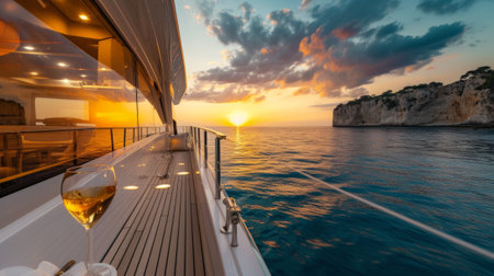 Wine glass on a yacht deck during a golden hour cruise, generative aiの素材