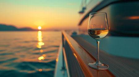 Wine glass on a yacht deck during a golden hour cruise, generative aiの素材
