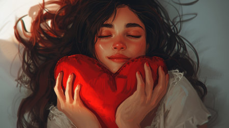 Woman holding a heart shaped cushion generative aiの素材