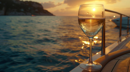 Wine glass on a yacht deck during a golden hour cruise, generative aiの素材