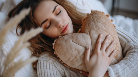 Woman holding a heart shaped cushion generative aiの素材