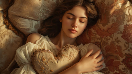 Woman holding a heart shaped cushion generative aiの素材