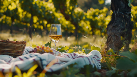 Wine glass on a vineyard picnic blanket, generative aiの素材