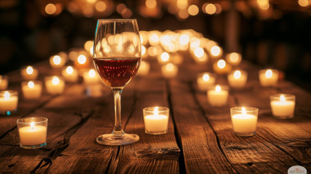 Wine glass on a rustic wooden table, surrounded by the warm glow of candles, generative aiの素材