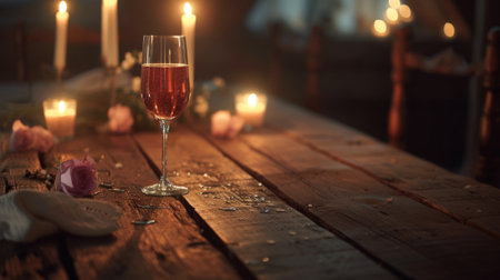 Wine glass on a rustic wooden table, surrounded by the warm glow of candles, generative aiの素材