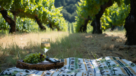 Wine glass on a vineyard picnic blanket, generative aiの素材