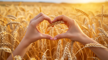 Hands forming a heart on a golden wheat field generative aiの素材