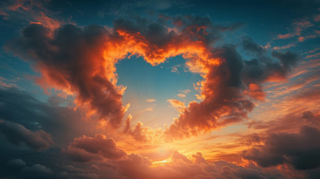 Heart made of clouds floating in the sky in the middle of a sunset generative aiの素材