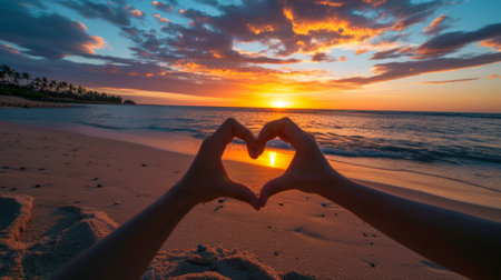 Heart shaped hands on a sandy beach during a vibrant sunset, generative aiの素材