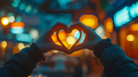 Heart-shaped hands in a trendy city cafe, generative aiの素材