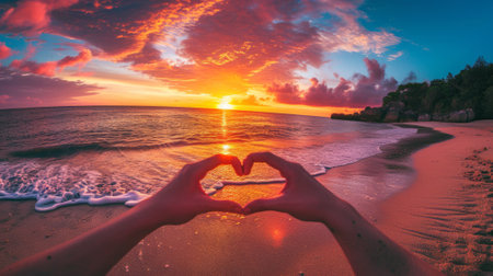 Hands forming a heart on a sandy beach during a vibrant sunset, generative aiの素材
