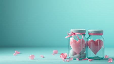 love concept with jars on a turquoise background, pastel toning generative aiの素材