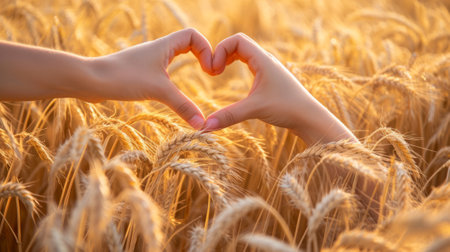 Hands forming a heart on a golden wheat field generative aiの素材