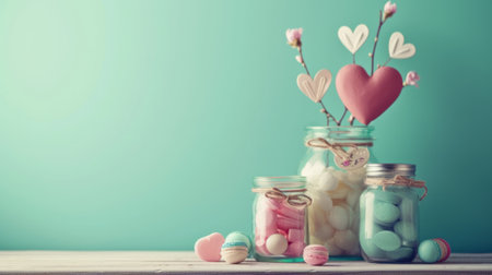 love concept with jars on a turquoise background, pastel toning generative aiの素材