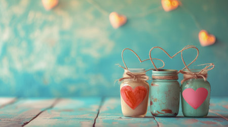 love concept with jars on a turquoise background, pastel toning generative aiの素材