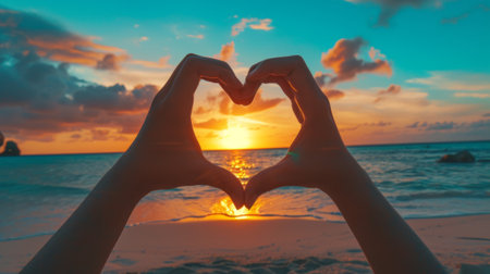 Hands forming a heart on a sandy beach during a vibrant sunset, generative aiの素材