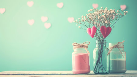 love concept with jars on a turquoise background, pastel toning generative aiの素材