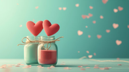 love concept with jars on a turquoise background, pastel toning generative aiの素材