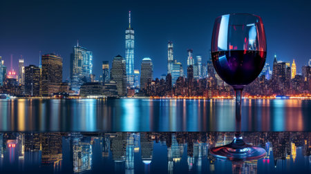 Glass of wine against city skyline at night generative aiの素材
