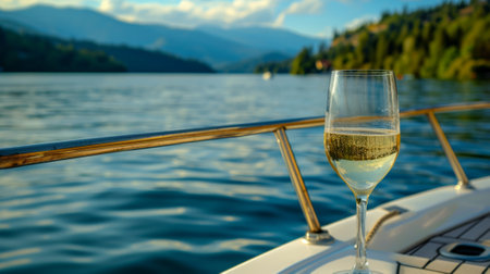 Glass of wine on the deck of a boat with a serene lake in the background, generative aiの素材