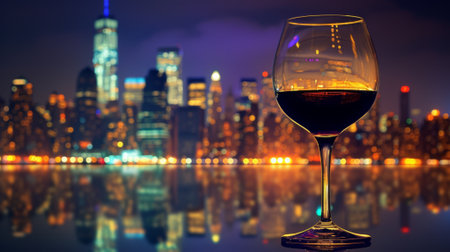 Glass of wine against city skyline at night generative aiの素材