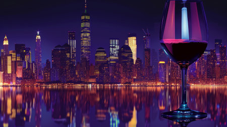 Glass of wine against city skyline at night generative aiの素材