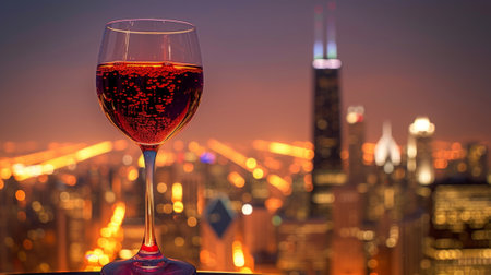 Glass of wine against city skyline at night generative aiの素材