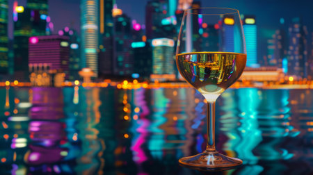 Glass of wine against city skyline at night generative aiの素材