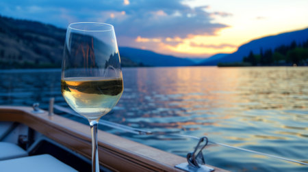 Glass of wine on the deck of a boat with a serene lake in the background, generative aiの素材