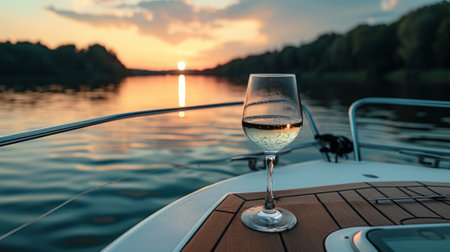 Glass of wine on the deck of a boat with a serene lake in the background, generative aiの素材
