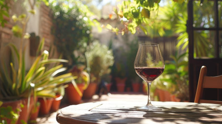 Glass of wine on a sun-drained patio, surrounded by potted plants generative aiの素材