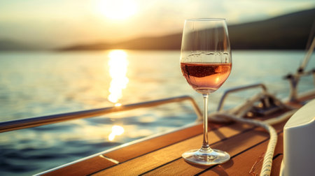 Glass of wine on the deck of a boat with a serene lake in the background, generative aiの素材