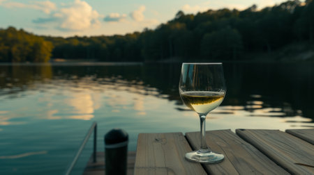 Glass of wine on the deck of a boat with a serene lake in the background, generative aiの素材