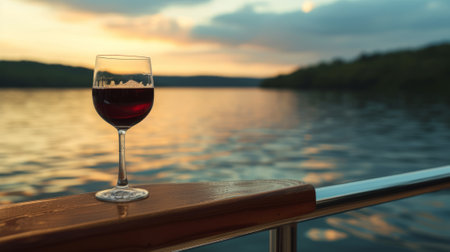 Glass of wine on the deck of a boat with a serene lake in the background, generative aiの素材