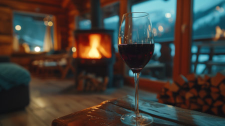 Glass of wine in a cozy winter cabin generative aiの素材