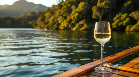 Glass of wine on the deck of a boat with a serene lake in the background, generative aiの素材
