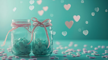 love concept with jars on a turquoise background, pastel toning generative aiの素材