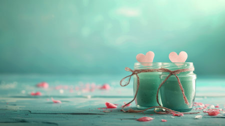 love concept with jars on a turquoise background, pastel toning generative aiの素材