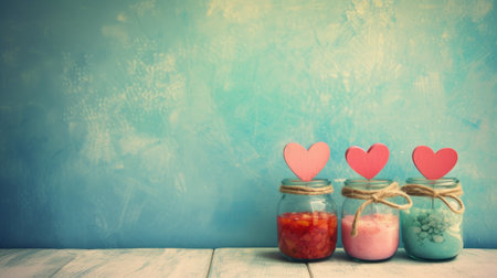love concept with jars on a turquoise background, pastel toning generative aiの素材