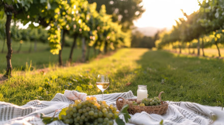 Wine glass on a vineyard picnic blanket, generative aiの素材