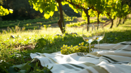 Wine glass on a vineyard picnic blanket, generative aiの素材