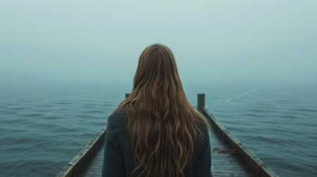 Back view of a woman with long hair, standing on a pier and looking out at a calm sea generative aiの素材
